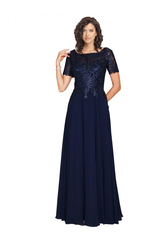 Dark Navy Round Neck Short Sleeves Long Prom Dress Canada Supplier
