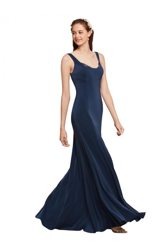 Dark Navy Round Neck Sleeveless Low Back Long Prom Dresses Canada Supplier