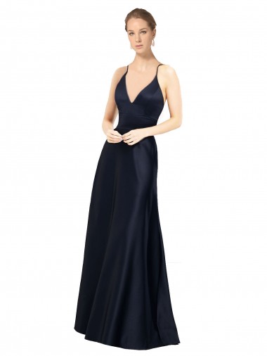 Dark Navy V-Neck Sleeveless Satin Long Prom Dresses Canada Supplier