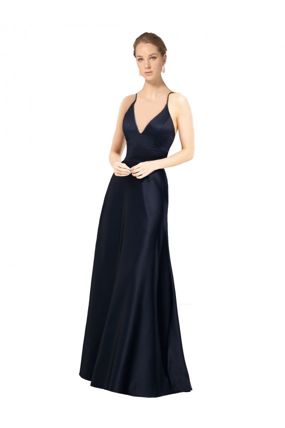 Dark Navy V-Neck Sleeveless Satin Long Prom Dresses Canada Supplier