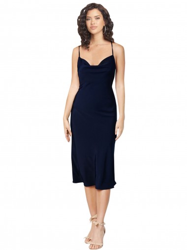 Dark Navy Cowl Neck Sleeveless Criss Cross Open Back Midi Length Prom Dress Canada Supplier