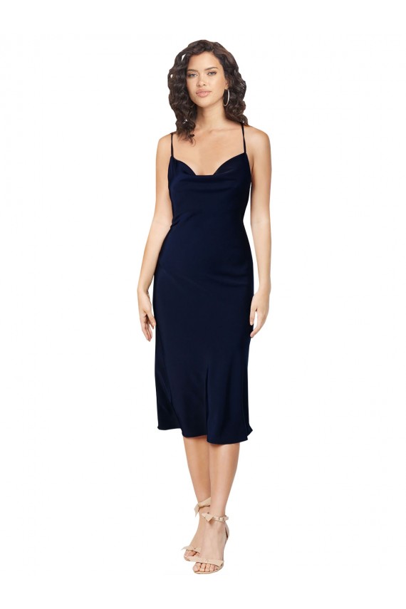 Dark Navy Cowl Neck Sleeveless Criss Cross Open Back Midi Length Prom Dress Canada Supplier