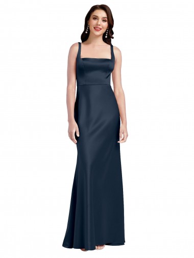 Dark Navy Square Neck Sleeveless Low Back Long Bridal Party Dress Canada Supplier