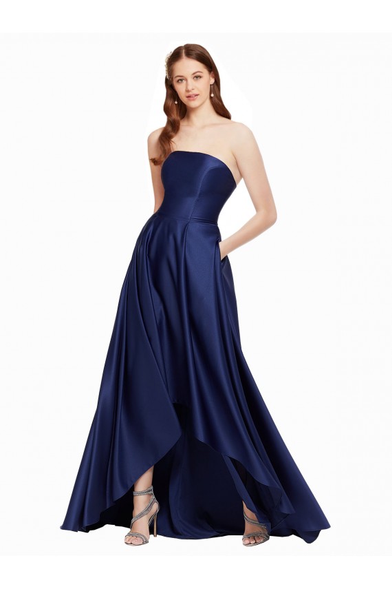 Dark Navy Strapless Sleeveless Low Back Satin Long Prom Dresses Canada Supplier