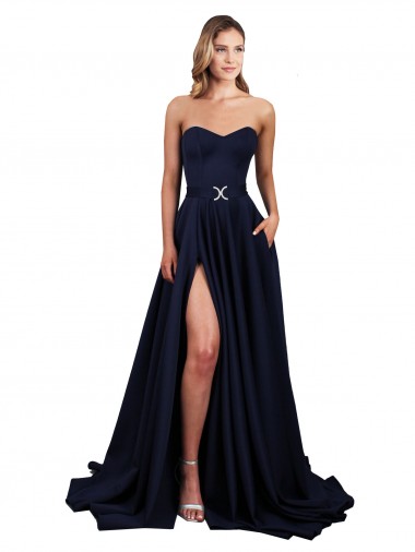 Dark Navy High Neck Sleeveless Low Back Stretch Crepe Long Prom Dress Canada Supplier