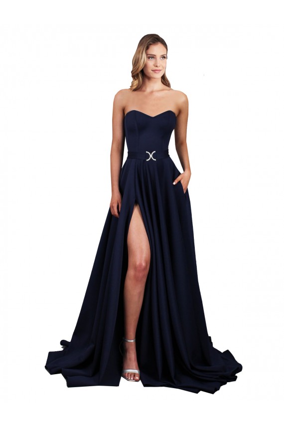 Dark Navy High Neck Sleeveless Low Back Stretch Crepe Long Prom Dress Canada Supplier