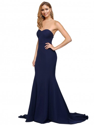 Dark Navy Sweetheart Sleeveless Low Back Sweep Train Evening Prom Gowns Canada Supplier