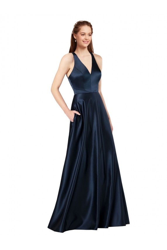 Dark Navy V-Neck Sleeveless Keyhole Back Satin Long Prom Dress Canada Supplier