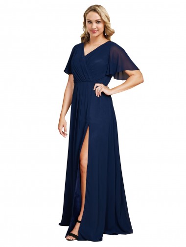 Dark Navy V-Neck Short Flutter Sleeves Long Plus Size Prom Dress Canada Supplier