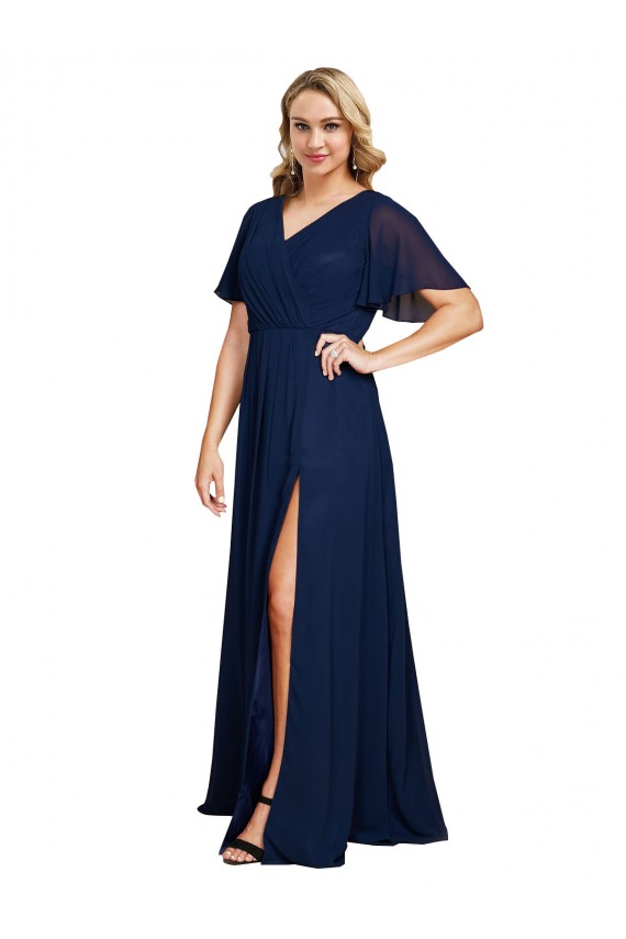 Dark Navy V-Neck Short Flutter Sleeves Long Plus Size Prom Dress Canada Supplier