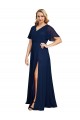 Dark Navy V-Neck Short Flutter Sleeves Long Plus Size Prom Dress Canada Supplier
