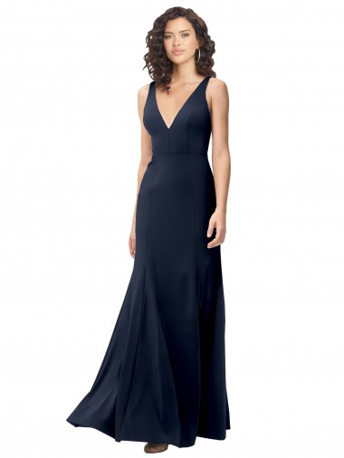 Dark Navy High Neck Sleeveless V-Back Stretch Crepe Long Prom Dress Canada Supplier