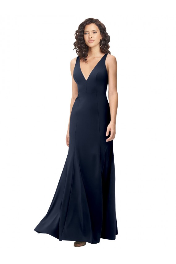 Dark Navy High Neck Sleeveless V-Back Stretch Crepe Long Prom Dress Canada Supplier