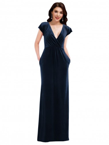 Dark Navy V-Neck Flutter Sleeves Long Prom Dress Canada Supplier