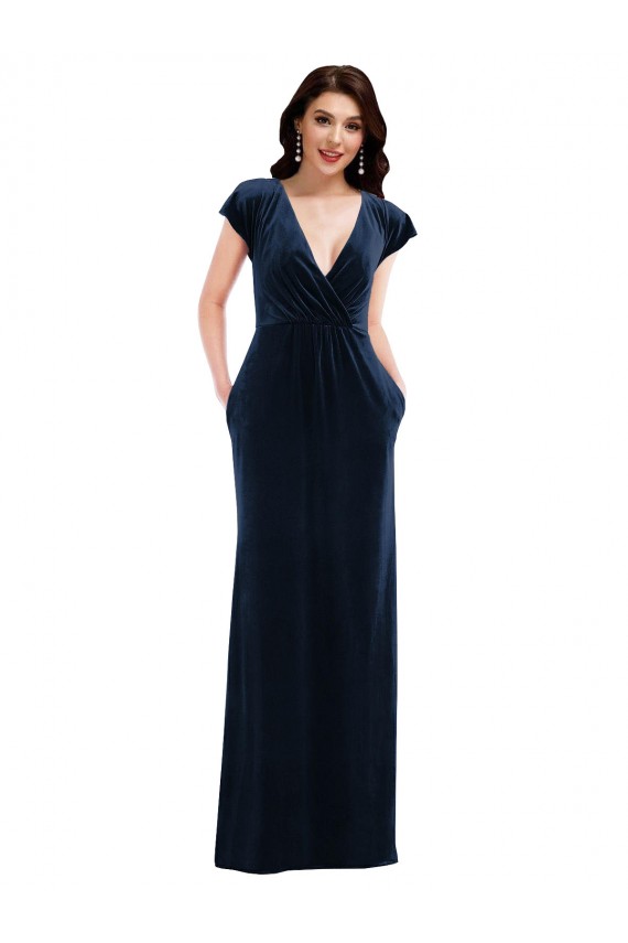 Dark Navy V-Neck Flutter Sleeves Long Prom Dress Canada Supplier