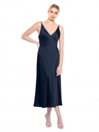 Dark Navy V-Neck Sleeveless V-Back Stretch Satin Midi Length Prom Dress Canada Supplier