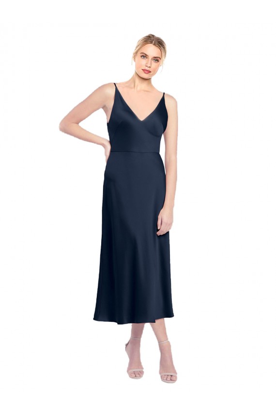 Dark Navy V-Neck Sleeveless V-Back Stretch Satin Midi Length Prom Dress Canada Supplier