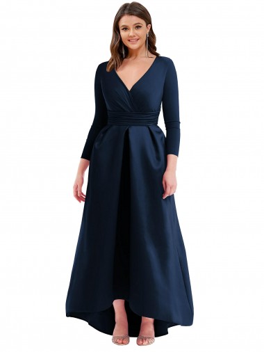 Dark Navy V-Neck Long Sleeves Long Plus Size Prom Dress Canada Supplier