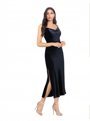 Dark Navy Cowl Neck Sleeveless Low Back Midi Length Prom Dress Canada Supplier