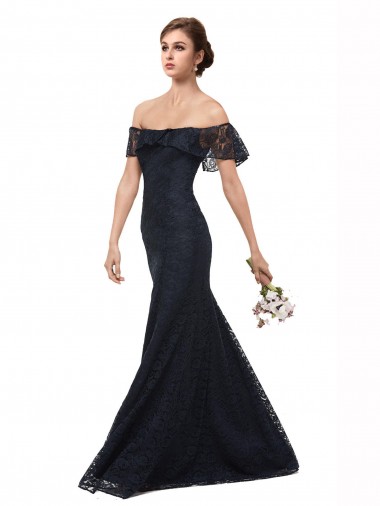 Dark Navy Off the Shoulder Flutter Sleeves Long Prom Dress Canada Supplier
