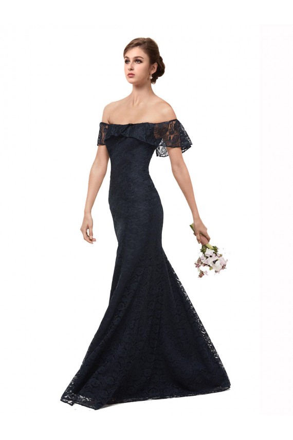 Dark Navy Off the Shoulder Flutter Sleeves Long Prom Dress Canada Supplier