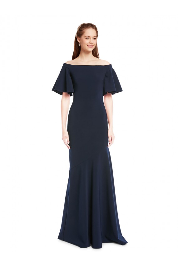 Dark Navy Off the Shoulder Short Sleeves Long Prom Dress Canada Supplier