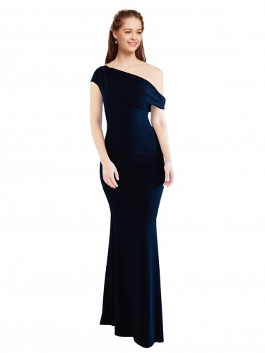 Dark Navy One Shoulder Sleeveless Stretch Crepe Long Bridesmaid Gown Canada Supplier