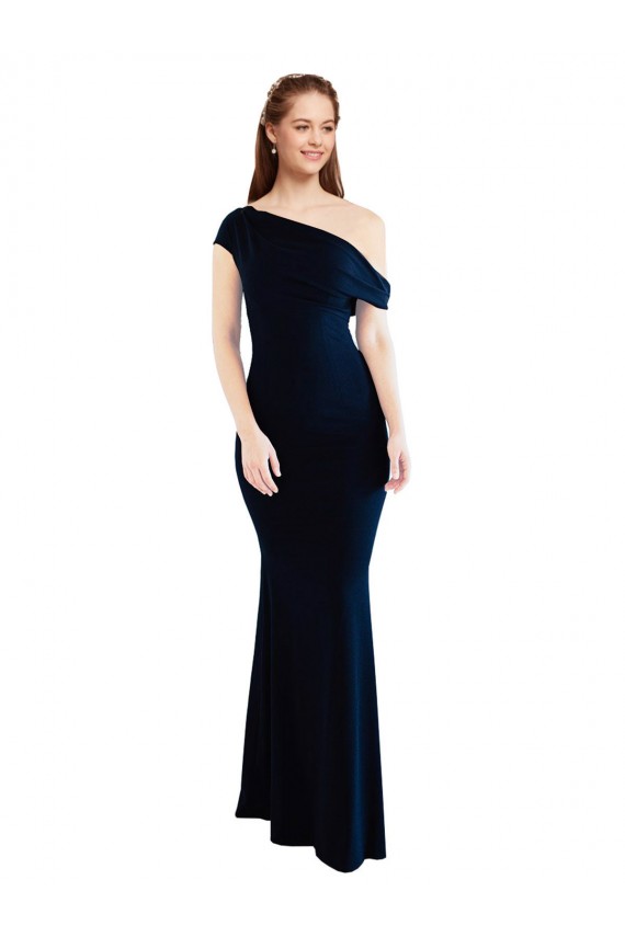 Dark Navy One Shoulder Sleeveless Stretch Crepe Long Bridesmaid Gown Canada Supplier