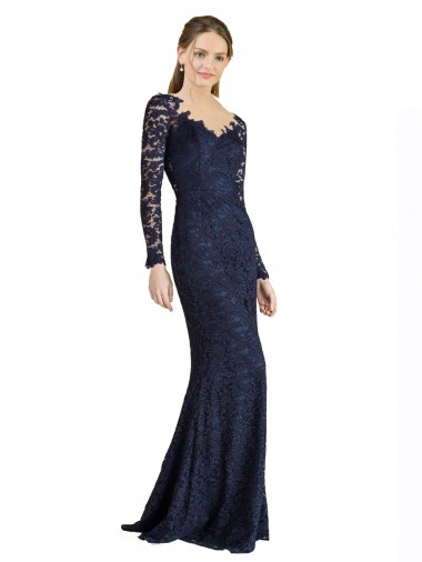 Dark Navy Sweetheart Long Sleeves Keyhole Back Long Prom Dress Canada Supplier