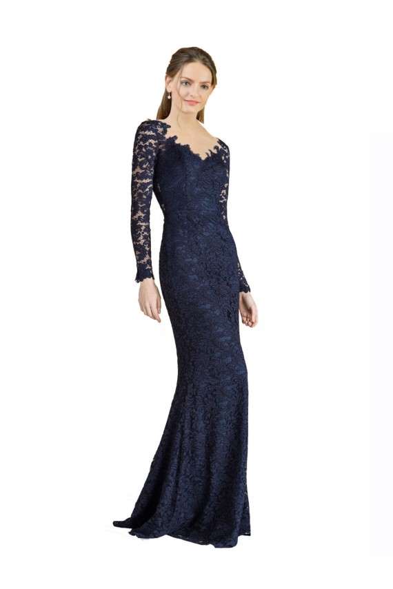 Dark Navy Sweetheart Long Sleeves Keyhole Back Long Prom Dress Canada Supplier