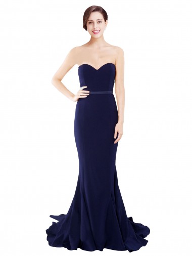 Dark Navy Strapless Sleeveless Low Back Stretch Crepe Sweep Train Prom Dresses Canada Supplier