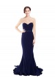 Dark Navy Strapless Sleeveless Low Back Stretch Crepe Sweep Train Prom Dresses Canada Supplier