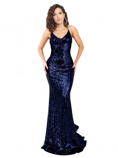 Dark Navy V-Neck Sleeveless Low Back Long Sexy Prom Dress Canada Supplier
