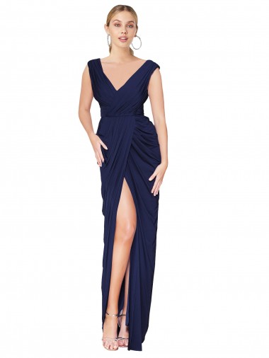 Dark Navy High Neck Sleeveless V-Back Long Sexy Prom Dress Canada Supplier