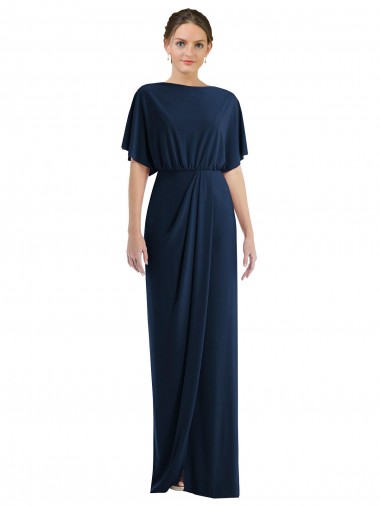 Dark Navy Bateau Neck Short Sleeves Open Back Long Prom Dress Canada Supplier