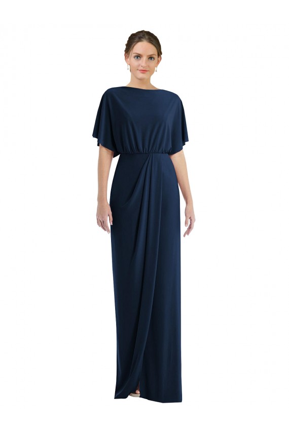 Dark Navy Bateau Neck Short Sleeves Open Back Long Prom Dress Canada Supplier