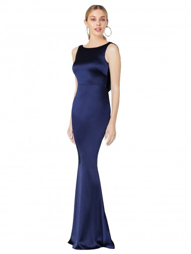 Dark Navy High Neck Sleeveless Low Back Stretch Satin Long Prom Dress Canada Supplier
