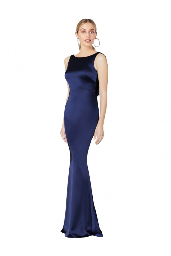 Dark Navy High Neck Sleeveless Low Back Stretch Satin Long Prom Dress Canada Supplier