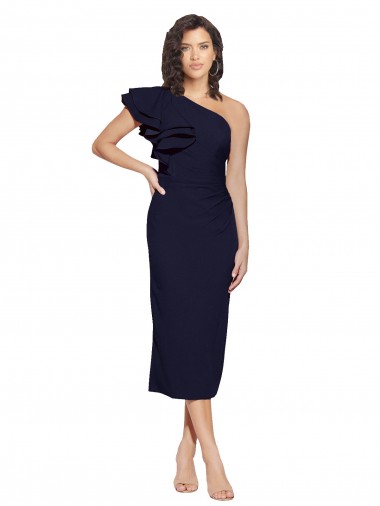 Dark Navy One Shoulder Sleeveless Midi Length Evening Prom Gowns Canada Supplier