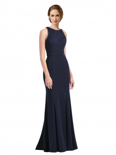 Dark Navy High Neck Sleeveless Keyhole Back Long Prom Dress Canada Supplier