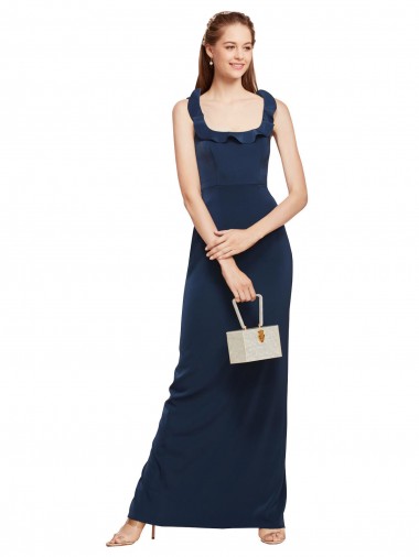 Dark Navy Scoop Neck Sleeveless Low Back Stretch Crepe Long Prom Dress Canada Supplier