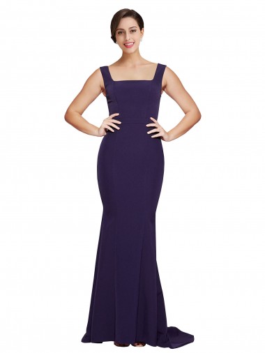 Dark Navy Square Neck Sleeveless Sweep Train Prom Dress Canada Supplier
