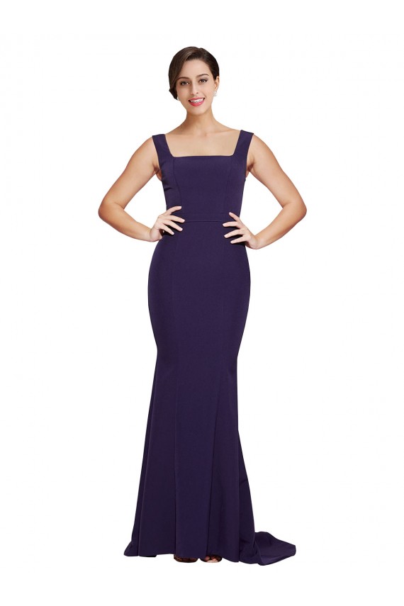 Dark Navy Square Neck Sleeveless Sweep Train Prom Dress Canada Supplier