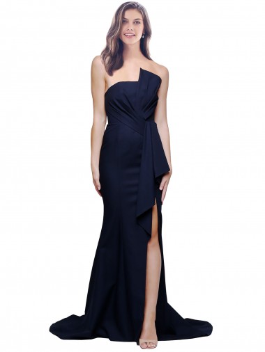 Dark Navy Strapless Sleeveless Low Back Stretch Crepe Sweep Train Formal Bridesmaid Gowns Canada Supplier