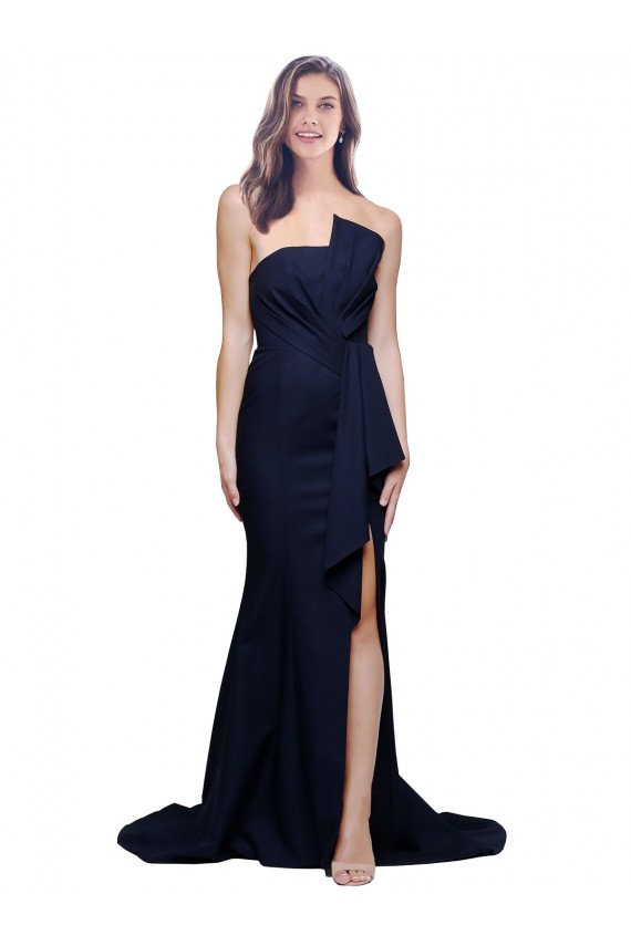 Dark Navy Strapless Sleeveless Low Back Stretch Crepe Sweep Train Formal Bridesmaid Gowns Canada Supplier