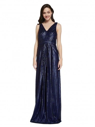 Dark Navy V-Neck Sleeveless V-Back Sequin Long Prom Dress Canada Supplier