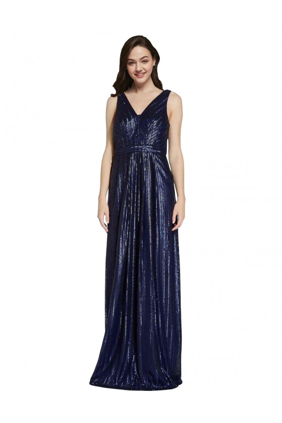 Dark Navy V-Neck Sleeveless V-Back Sequin Long Prom Dress Canada Supplier