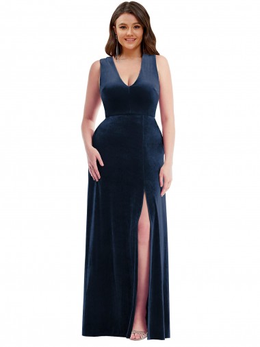 Dark Navy V-Neck Sleeveless Stretch Velvet Long Prom Dress Canada Supplier