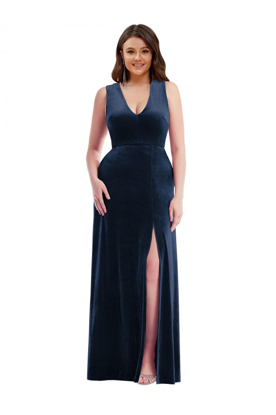 Dark Navy V-Neck Sleeveless Stretch Velvet Long Prom Dress Canada Supplier