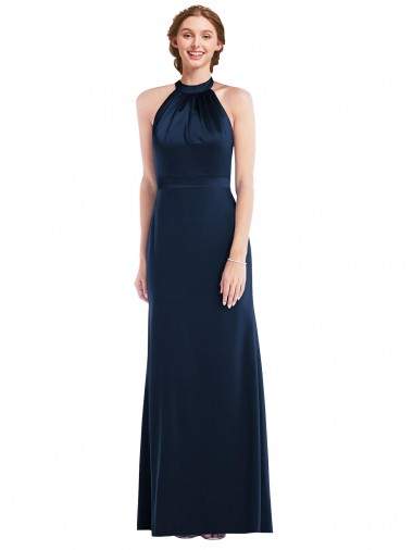 Dark Navy High Neck Sleeveless Open Back Long Formal Bridesmaid Gown Canada Supplier